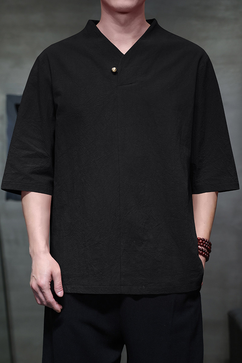 QT715-831-P40风棉麻短袖T恤男复古扣唐装七分袖上衣-黑,男装T恤,钱塘715