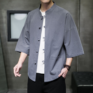 QT715-7210-P55夏季风棉麻开衫短袖衬衫宽松男半袖衬衣-灰图片