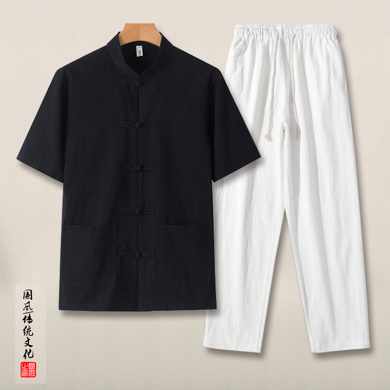 QT715-TZ7010-P90风夏季棉麻衬衫套装男士中式唐装两件套-黑1图片