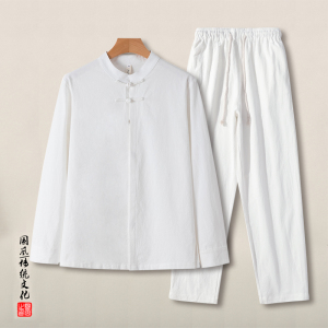 QT715-TZ7017-P90风春秋棉麻衬衫套装男中式唐装两件套-黑图片