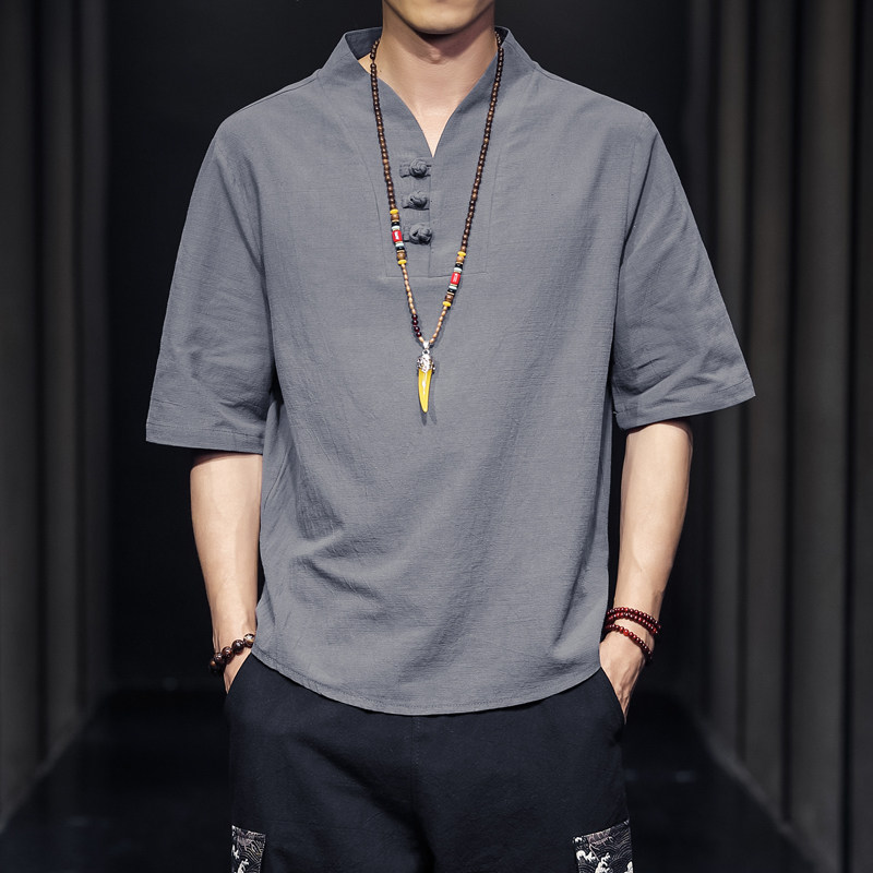 QT715-7026-P35夏季风V领汉服五分袖T恤棉麻男短袖体恤-蓝,男装T恤,钱塘715