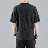 QT715-T2-P60夏季风棉麻提花盘扣圆领短袖T恤男中袖小衫-黑，男装T恤，钱塘715