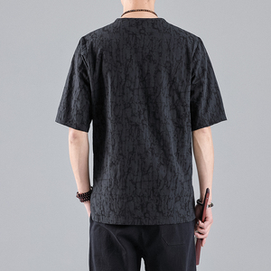 QT715-T2-P60夏季风棉麻提花盘扣圆领短袖T恤男中袖小衫-黑图片
