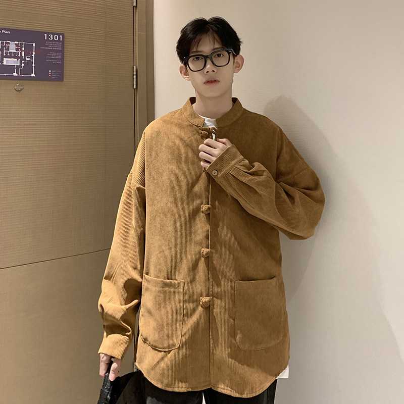 QT715-802-P55港风春秋大码复古灯芯绒长袖衬衫外套男女百搭-咖图片