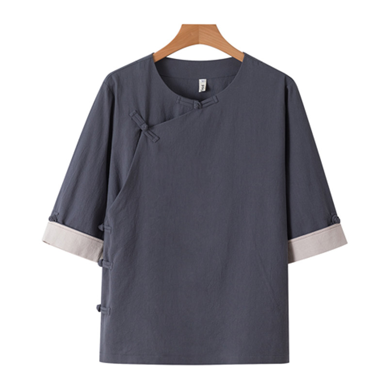 QT715-C7221-P60夏季风棉麻短袖衬衫唐装汉服古装小衫-蓝,男装T恤,钱塘715