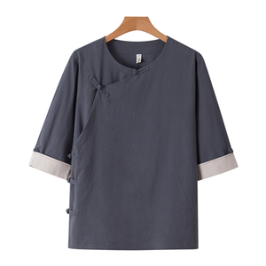 QT715-C7221-P60夏季风棉麻短袖衬衫唐装汉服古装小衫-蓝图片