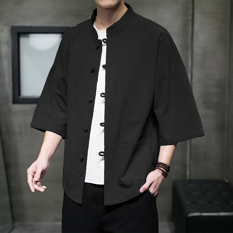 QT715-7210-P55夏季风棉麻开衫短袖衬衫宽松男半袖衬衣-黑图片
