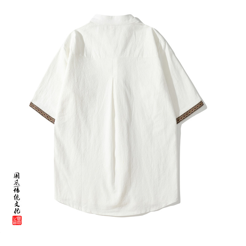 QT715-C7013-P50夏季新中式风中山装衬衫男短袖棉麻刺绣衬衣2,男装衬衫,钱塘715