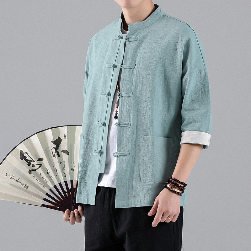 QT715-C7212-P55春夏风棉麻短袖衬衫盘扣唐装中式复古衬衣-绿，男装衬衫，钱塘715