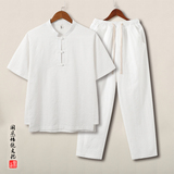 QT715-TZ815-P115夏季风提花棉麻短袖T恤套装男大码盘扣立领7，男装T恤，钱塘715