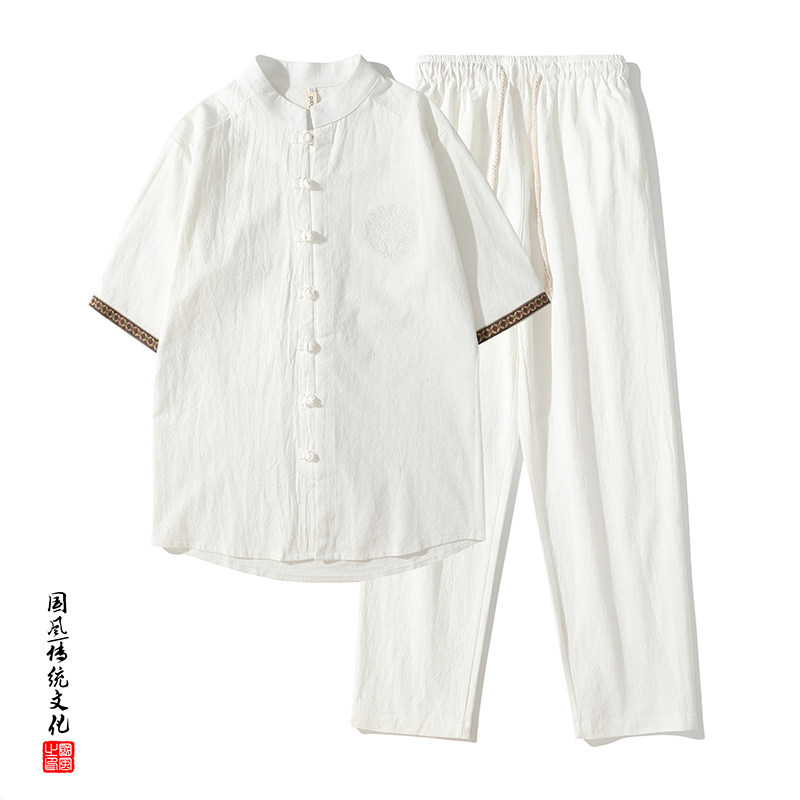 QT715-TZ7056-P80风棉麻套装男夏季复古短袖唐装两件套-蓝,男装休闲套装,钱塘715