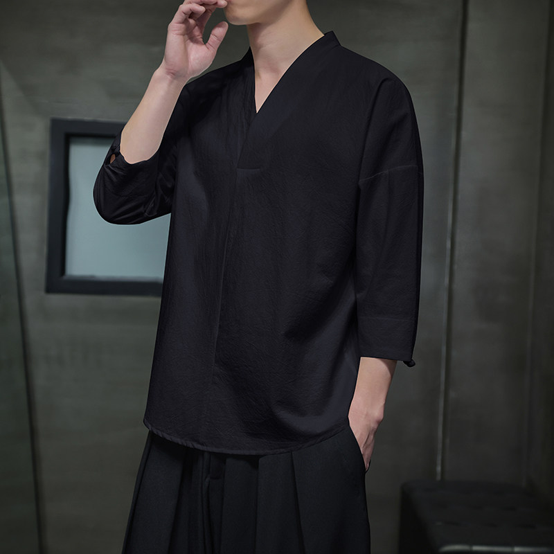 QT715-7022-特P25风夏季棉麻汉服T恤男七分袖宽松七分袖T恤-3图片