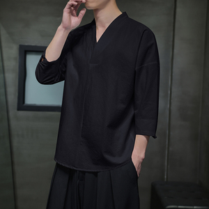 QT715-7022-特P25风夏季棉麻汉服T恤男七分袖宽松七分袖T恤-3图片