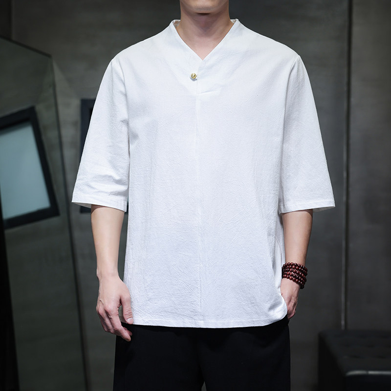QT715-831-P40风棉麻短袖T恤男复古扣唐装七分袖上衣-黑,男装T恤,钱塘715