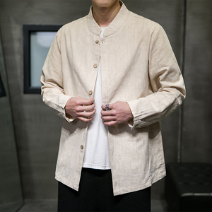 QT715-C7-P65秋季风棉麻提花复古中式唐装长袖打底衬衫男-米图片