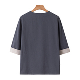 QT715-C7221-P60夏季风棉麻短袖衬衫唐装汉服古装小衫-灰，男装T恤，钱塘715