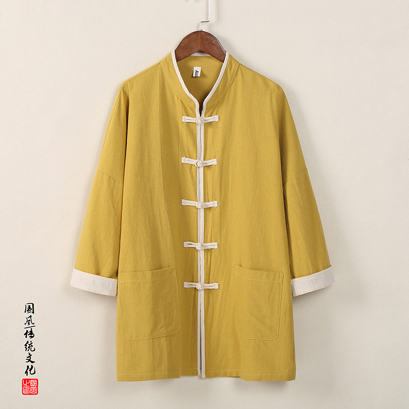 QT715-C806-P55风夏季棉麻七分袖衬衫男女唐装短袖汉服-黄,男装衬衫,钱塘715