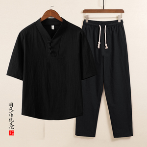 QT715-TZ7026-P73风套装男士棉麻短袖T恤盘扣两件套-1图片
