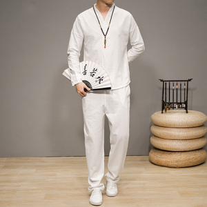QT715-7074-P75春秋风棉麻长袖T恤长裤套装唐装汉服中式男-3图片