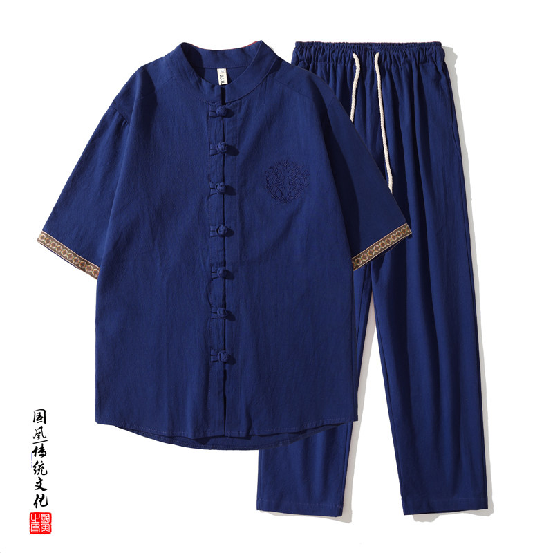 QT715-TZ7056-P80风棉麻套装男夏季复古短袖唐装两件套-蓝,男装休闲套装,钱塘715