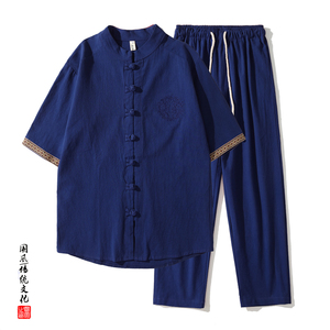 QT715-TZ7056-P80风棉麻套装男夏季复古短袖唐装两件套-蓝,天线宝宝穿搭夏季图片