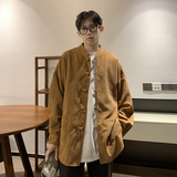 QT715-802-P55港风春秋大码复古灯芯绒长袖衬衫外套男女百搭-灰，男装衬衫，钱塘715
