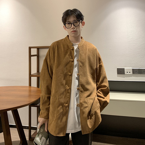 QT715-802-P55港风春秋大码复古灯芯绒长袖衬衫外套男女百搭-灰图片