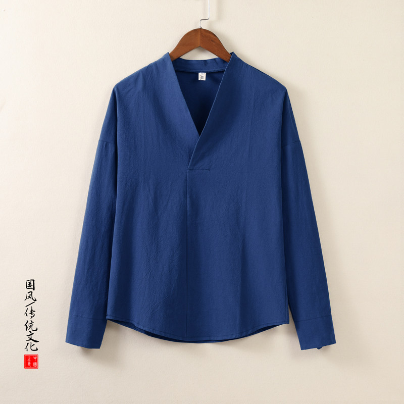 QT715-T7029-P40秋季风棉麻V领长袖T恤交叉领内搭汉服-蓝图片