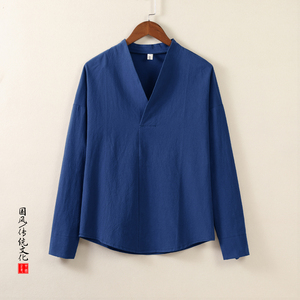 QT715-T7029-P40秋季风棉麻V领长袖T恤交叉领内搭汉服-蓝图片