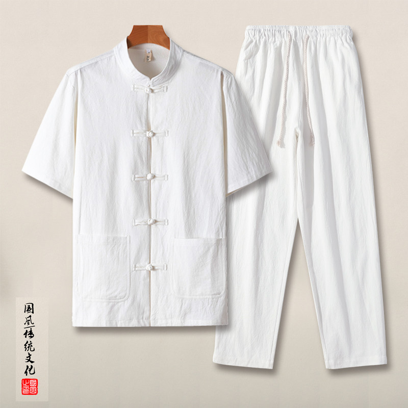 QT715-TZ7010-P90风夏季棉麻衬衫套装男士中式唐装两件套-黑,男装衬衫,钱塘715