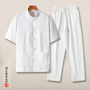 QT715-TZ7010-P90风夏季棉麻衬衫套装男士中式唐装两件套-黑图片