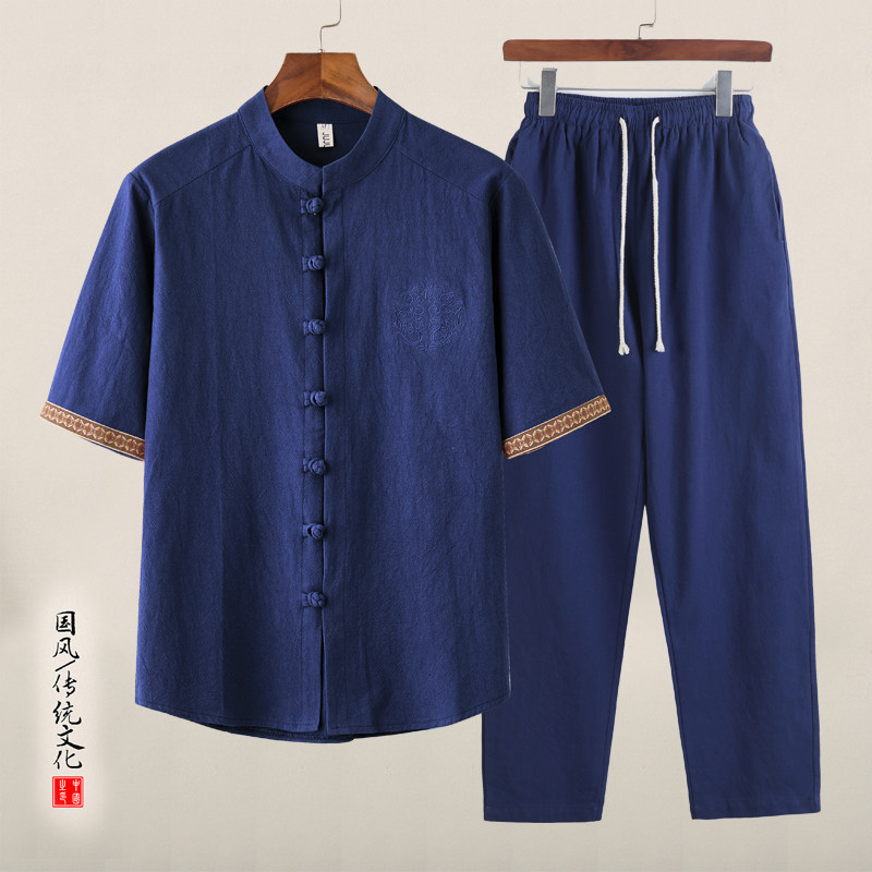 QT715-tz7056-P80风棉麻短袖衬衫两件套装-白,男装T恤,钱塘715
