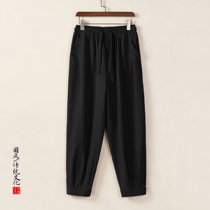 QT715-K897-P55风男束脚盘扣宽松大码裤子棉麻休闲裤-灰图片