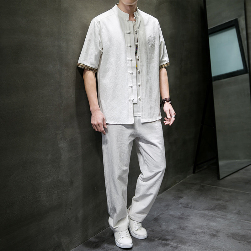 QT715-7056-P80夏季风棉麻套装男短袖衬衫长裤套装-白，男装T恤，钱塘715