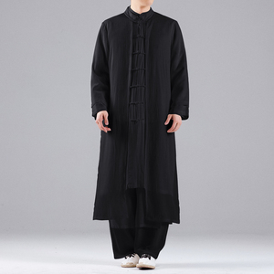 QT715-A2-P135风开衫禅修茶服仙气飘飘汉服盘扣长款唐装-黑图片