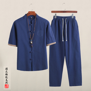 QT715-TZ7056-P80风棉麻短袖衬衫套装男唐装复古两件套-黑图片