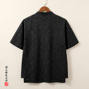QT715-815-P60夏季风提花棉麻短袖衬衫男大码盘扣立领体恤-黑图片