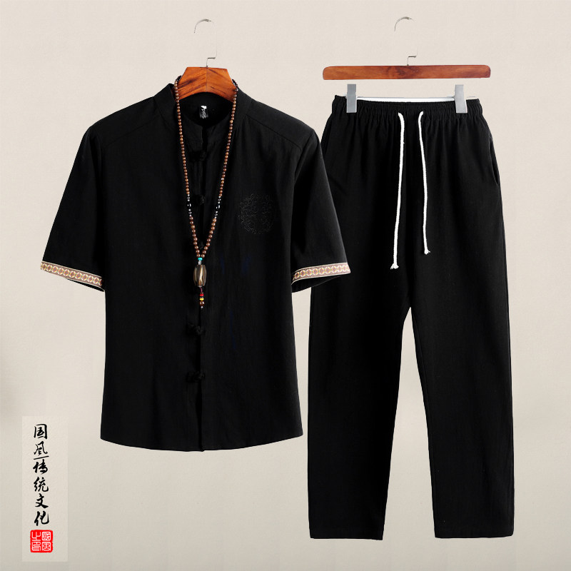 QT715-TZ7056-P80风棉麻短袖衬衫套装男唐装复古两件套-黑图片