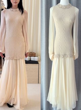 花一【上海高版本】25ss新高级百搭复古奶油杏色手钩花拼接连衣裙