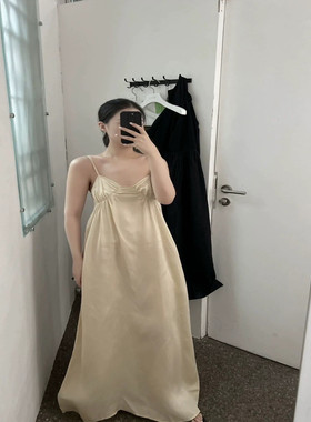 花一【娜扎同款】23ss新高级贝壳胸部抽皱铜氨丝人丝吊带连衣裙女