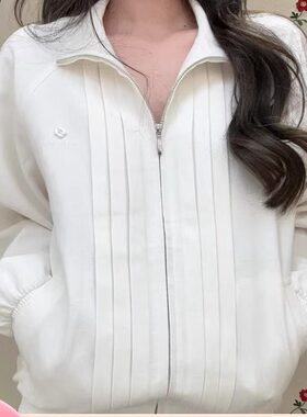 宽松塔克边饰宽松拉链棒球服女