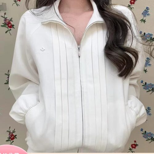 宽松塔克边饰宽松拉链棒球服女