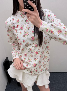 花一【上海高版本】套头宽松休闲花朵印花长袖T恤上衣女shushuto