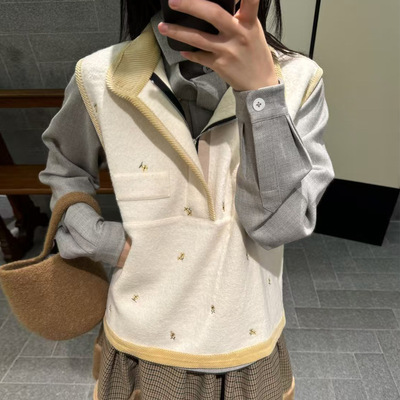 宽松套头外穿落雪刺绣花朵马甲