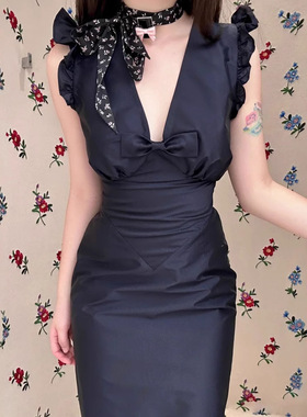 花一【上海高版本】25ss高级百搭复古深V花边小飞袖连衣裙shushut