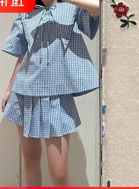 花一【上海高版本】23s格纹印花尖领短袖衬衫上衣百褶裙裤shushut