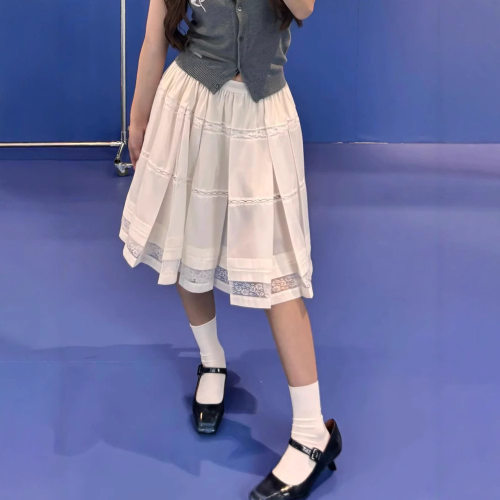 甜美蕾丝拼接百褶半身裙女