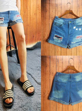 夏装男士宽松休闲卷边三分短裤星星印花破洞洗水翻边女式牛仔短裤