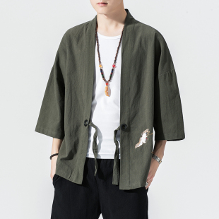 中国风开衫男士仙鹤刺绣日式和服外套加肥加大码复古衬衣时尚衬衫