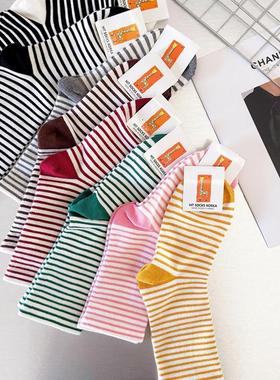 韩国进口女袜 东大门hit小鹿家正品四季款纯棉细条纹松口中筒袜